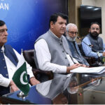 Federal Minister for Kashmir Affairs, Engineer Amir Muqam addressing a Press Conference along with APHC leadership on Kashmir Black Day at Media Center PID Zero Point