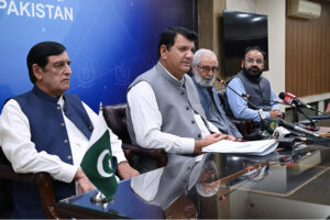 Federal Minister for Kashmir Affairs, Engineer Amir Muqam addressing a Press Conference along with APHC leadership on Kashmir Black Day at Media Center PID Zero Point