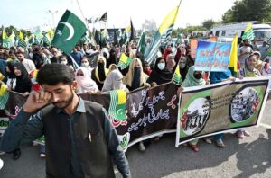 Minister for Kashmir Affairs Engineer Amir Maqam leading a rally on the occasion of Kashmir Black Day to express solidarity with the people of Indian Illegally Occupied Jammu and Kashmir