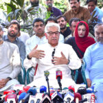 Defense Minister Khawaja Muhammad Asif addressing the media persons at his residence