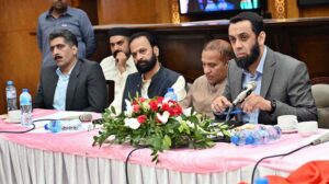 Federal Minister for Information, Broadcasting, National Heritage and Culture Attaullah Tarar addressing the meeting of the UC Chairmen and Vice Chairmen of constituency NA-127 at Model Town