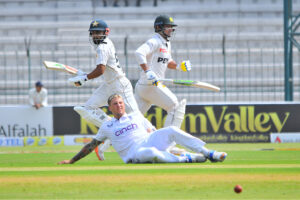 Pakistani player Salman Ali Agha celebrates his century during day two of the First Test Match of Cricket between Pakistan and England at Multan Cricket Stadium.