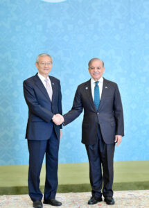 Prime Minister Muhammad Shehbaz Sharif receiving the Secretary General of the Regional Anti Terrorism Structure of SCO, H. E. Zhang Ming at the venue of the 23rd SCO Council of Heads of Government