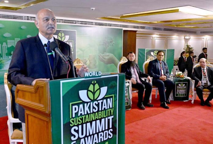 Senator Mushahid Hussain Sayed addresses at the opening ceremony of the 'Pakistan Sustainability Summit' held at a local hotel