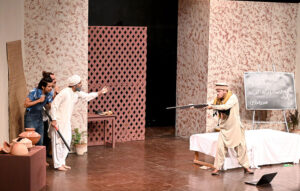 Artists performing Classical Theater Play "Taleem-e-Balghan” on the stage during the World Culture Festival 2024 at Arts Council of Pakistan Karachi late last night.