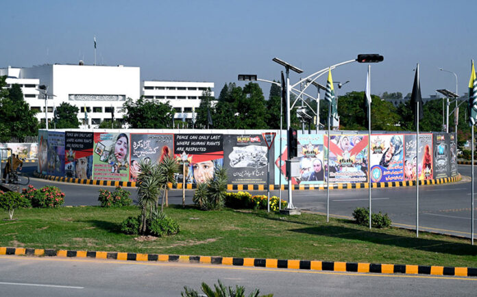 Posters and banners are displayed on the eve of Kashmir Black Day in front of Parliament House in solidarity with the people of Jammu and Kashmir