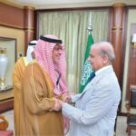 Prime Minister Muhammad Shehbaz Sharif greeting Advisor at the Saudi Royal Court Mohammad bin Mazyad Al-Tuwaijri