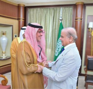 Prime Minister Muhammad Shehbaz Sharif greeting Advisor at the Saudi Royal Court Mohammad bin Mazyad Al-Tuwaijri
