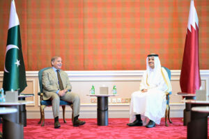 Prime Minister Muhammad Shehbaz Sharif meets with the Prime Minister of Qatar H.E. Sheikh Mohammed bin Abdulrahman Al-Thani