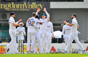 England bowler Jack Leach in bowling action during day two of the First Test Match between Pakistan and England at Multan Cricket Stadium.