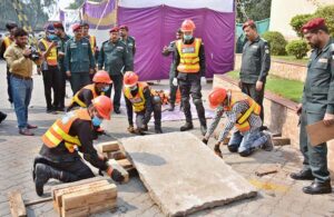 Rescue 1122 Faisalabad CERT (Community Emergency Response Team) performing rescue skills during the annual CERT Challenge competitions at Central Rescue Station GTS Chowk.