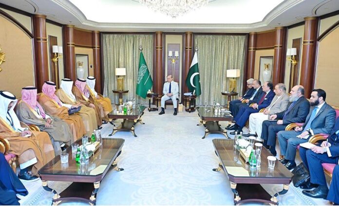 Minister for Investment of the Kingdom of Saudi Arabia Engineer Khalid bin Abdulaziz Al-Falih and Advisor at the Saudi Royal Court Mohammad Bin Mazyad Al-Tuwaijri called on Prime Minister Muhammad Shehbaz Sharif on the sidelines of the 8th Future Investment Initiative Conference