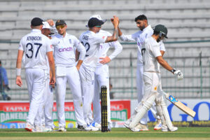 England bowler Jack Leach in bowling action during day two of the First Test Match between Pakistan and England at Multan Cricket Stadium.