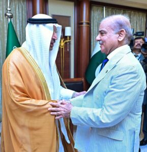 Prime Minister Muhammad Shehbaz Sharif meeting Saudi Minister for Investment Engineer Khalid bin Abdulaziz Al-Falih