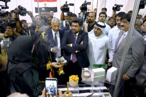 Sindh Governor Kamran Khan Tessori along with , Chief Minister Syed Murad Ali Shah, Ambassador of the United Arab Emirates (UAE) Hamad Obaid Ibrahim Salem Alzaabi present Khalifa International Award during inauguration Ceremony of 1st Pakistan International Date Palm Festival in collaboration with Khalifa International Award (UAE) at Expo Centre.