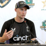England's batter Joe Root talks to media persons after a practice session ahead of the first Test Cricket Match against Pakistan at the Multan Cricket Stadium