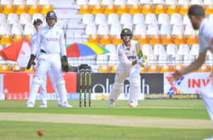 England bowler Jack Leach in bowling action during day two of the First Test Match between Pakistan and England at Multan Cricket Stadium.
