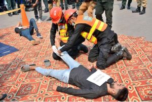 Rescue 1122 Faisalabad CERT (Community Emergency Response Team) performing rescue skills during the annual CERT Challenge competitions at Central Rescue Station GTS Chowk.