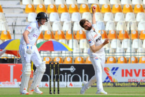 Pakistan bowler Shaheen Shah Afridi in bowling action during day four of the First Test Match between Pakistan and England at Multan Cricket Stadium.