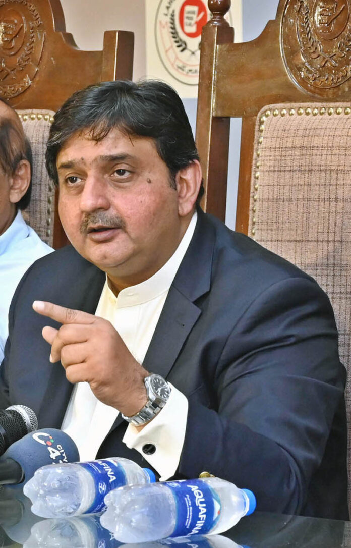 Speaker Punjab Assembly Malik Ahmed Khan addressing the Meet the Press program at Press Club