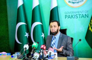 Federal Minister for Information and Broadcasting Attaullah Tarar addresses a Press conference in Islamabad.