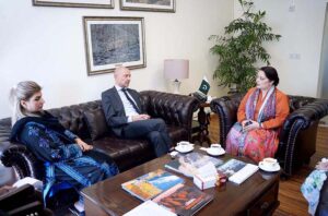 Ambassador of Denmark Jakob Linulf meets with Romina Khurshid Alam, Coordinator to the Prime Minister on Climate Change, alongside Senator Samina Mumtaz Zehri, Chairperson of the Senate Standing Committee on Human Rights, in the Federal Capital.