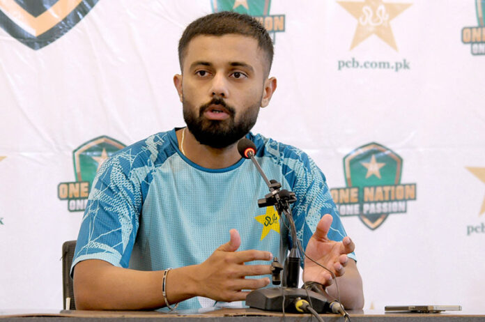 Pakistan team Vice Captain Saud Shakeel talks to media persons after practice session ahead of the first Test cricket match against England at the Multan Cricket Stadium