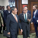 Prime Minister Muhammad Shehbaz Sharif receiving the Chinese Premier H.E. Li Qiang at the venue of the 23rd SCO Council of Heads of Government Meeting