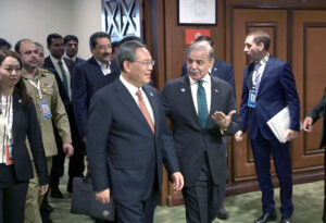 Prime Minister Muhammad Shehbaz Sharif receiving the Chinese Premier H.E. Li Qiang at the venue of the 23rd SCO Council of Heads of Government Meeting