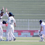 Pakistan players celebrating the wicket of England batter Ben stokes during the 3rd day of the last cricket Test match between Pakistan and England Pindi Cricket Stadium