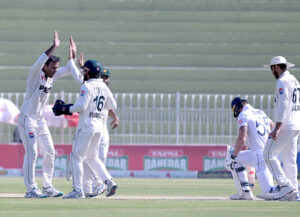 Pakistan players celebrating the wicket of England batter Ben stokes during the 3rd day of the last cricket Test match between Pakistan and England Pindi Cricket Stadium