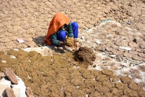 A woman making dung cakes in the sunlight for use as fuel near the railway station,in the outskirts area of the city