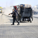 Labourers are busy with construction work on Bahawalpur Road during development work in the city