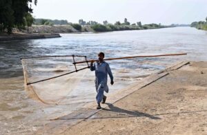 A fisherman on the way while carrying net for catching small fishes at Dadu Canal.