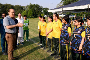 Federal Secretary, MoFE&PT, Mohyuddin Ahmad Wani intrect with students during 3-day "Girls Sports Carnival 2024" organized by Ministry of Federal Education and Professional Training at Pakistan Sports Complex