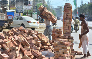 Labourers are carrying large bundles of bricks on their backs for a new house construction ,as they strive to earn a living and support their families.