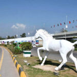 A horse model is displayed on the green belt to enhance the beauty of the federal capital ahead of the 23rd Shanghai Cooperation Organization (SCO) Summit