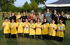 Federal Secretary, MoFE&PT, Mohyuddin Ahmad Wani in a group photograph with Students during 3-day "Girls Sports Carnival 2024" organized by Ministry of Federal Education and Professional Training at Pakistan Sports Complex