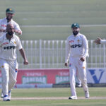 Pakistan players celebrating the wicket of England batter Jamie Smith during the 3rd day of the last cricket Test match between Pakistan and England Pindi Cricket Stadium