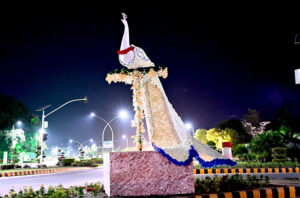 An eye catching view of peacock replica installed by CDA at Cabinet Block to enhance the beauty of the federal capital.
