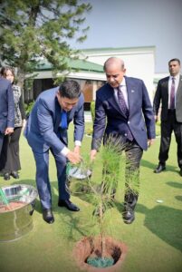 Prime Minister Muhammad Shehbaz Sharif plants a sapling along with the Premier of Mongolia H. E. Luvsannamsrain Oyun-Erdene.