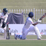 England batter Rehan Ahmed is being bowled by Pakistan bowler Sajid Khan during the 3rd day of the last cricket Test match between Pakistan and England Pindi Cricket Stadium