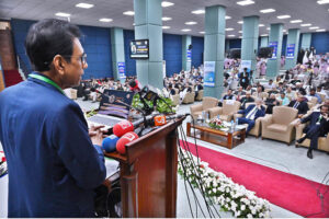 Federal Minister for Federal Education and Professional Training Dr. Khalid Maqbool Siddiqui addressing "2nd Annual Conference 2024 of Inter Boards Coordination Commission (IBCC) at Zaki Auditorium Allama Iqbal Open University