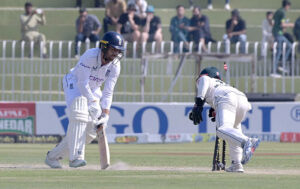 England batter Rehan Ahmed is being bowled by Pakistan bowler Sajid Khan during the 3rd day of the last cricket Test match between Pakistan and England Pindi Cricket Stadium