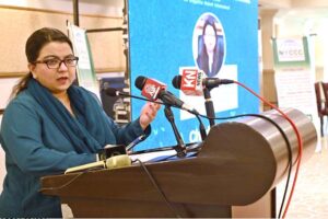 Minister of State for IT and Telecommunication, Ms. Shaza Fatima Khawaja, addresses the audience as the Chief Guest at the "First National Youth Climate Summit" held at a local hotel in federal Capital.