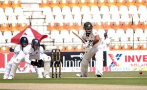 England bowler Brydon Carse appeals for wicket during the first day of the first Test between Pakistan and England at Multan Cricket Stadium.