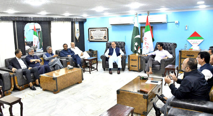 Pakistan Muslim League Nawaz (PML-N) delegation, led by Secretary General Ahsan Iqbal, Advisor to PM Rana Sanaullah, and Federal Minister Azam Nazeer Tarar, meets with MQM-Pakistan leadership, including Chairman Khalid Maqbool Siddiqui, at Pakistan House