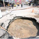 A view of damage road and main sewerage line in front of the Noori Gate Church and needs the attention of concerned authorities