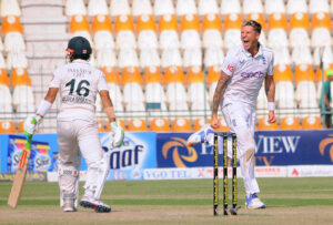 Pakistan bowler Sajid Khan celebrates after taking his 5th wicket of the innings of England batsman Brydon Carse during 3rd day of the Second Test Match between Pakistan and England at Multan Cricket Stadium.