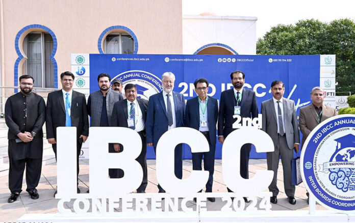 Federal Minister for Federal Education and Professional Training Dr. Khalid Maqbool Siddiqui in a group photo at the "2nd Annual Conference 2024 of Inter Boards Coordination Commission (IBCC) at Zaki Auditorium Allama Iqbal Open University